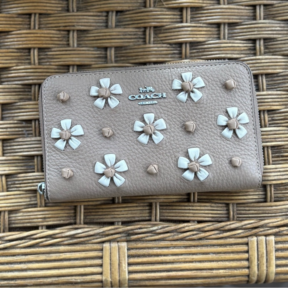 Coach Beige Wallet with White Floral Design